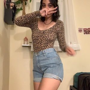 High waisted light blue denim shorts